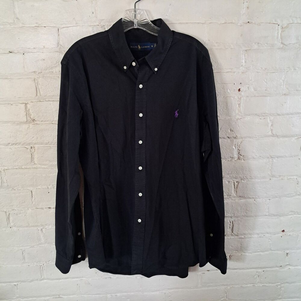 Ralph Lauren Solid Black 100% Cotton Mens XL Button Up Dress Shirt Purple Logo